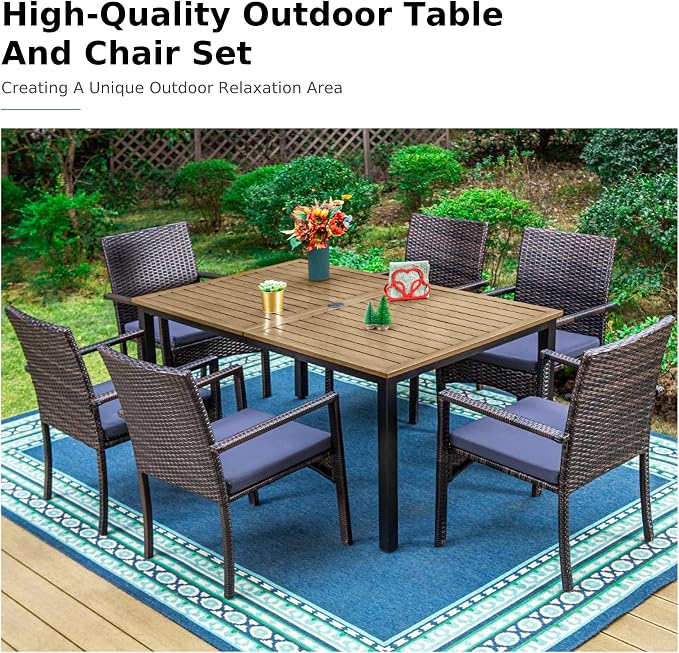 MFSTUDIO 7 Pieces Patio Dining Set for 6, 65” Wood-Like Metal Dining Table & Wicker Chairs, Outdoor Rattan Dining Furniture Set, Patio Rectangular Table and Chairs for 6, Deck, Backyard