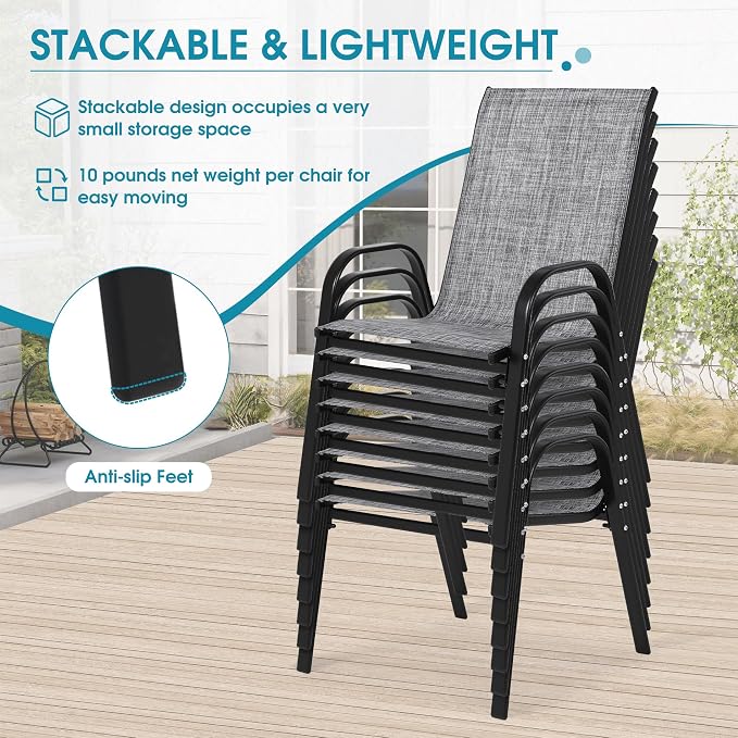 24.4" Wide Outdoor Stackable Chairs Set of 8, Stacking Patio Chairs with Textilene Fabric, Outside Furniture for Garden Backyard Balconie Poolside Deck, Grey