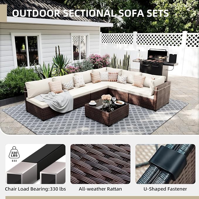 UPHA 7 Pieces Patio Furniture Sets, Wicker Outdoor Sectional Sofa Couch with Coffee Table, Patio Conversation Set for Deck Backyard Garden, Brown Rattan, White Cushion