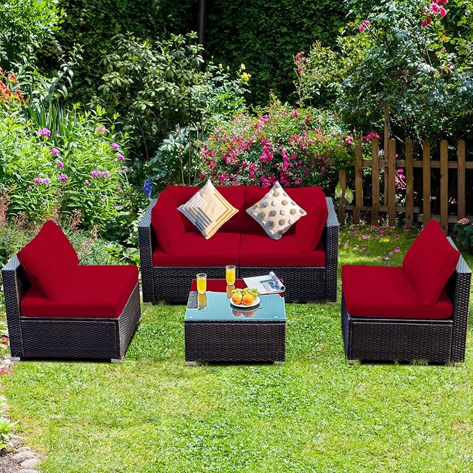 HAPPYGRILL 5-Piece Patio Furniture Set Outdoor Rattan Wicker Sofa Set with Coffee Table Sectional Sofa Conversation Set with Pillows Cushions for Backyard Porch Garden Poolside