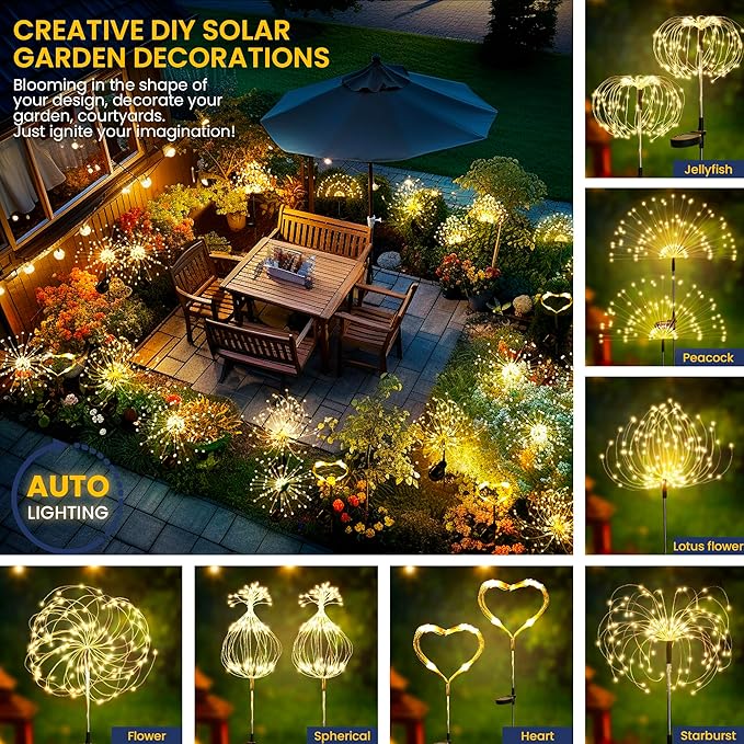 GIGALUMI 6 Pack Solar Firework Lights Outdoor, Garden Decor, Warm White | 120 LEDs, Fairy Design, Waterproof, Garden Decor, Solar Powered for Yard, Pathway, Flowerbed, Planter, Balcony, Gifts for Mom