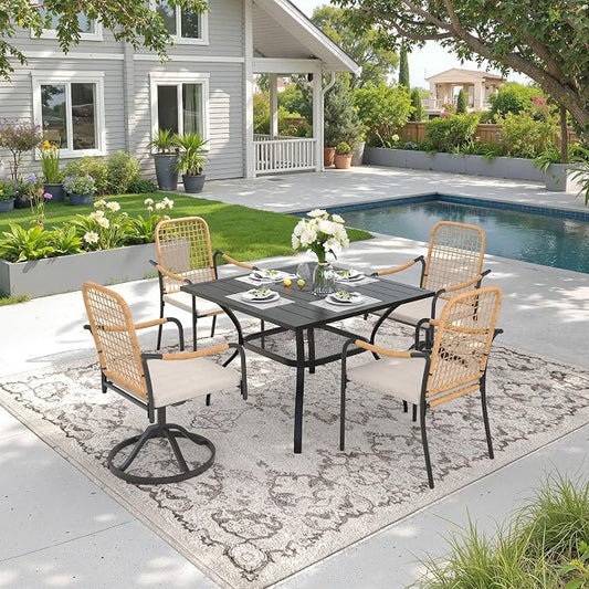 DIFY 5 Pieces Outdoor Dining Set for 4, 37.8" Black Square Metal Table with 2 Stackable Wicker Patio Chairs & 2 Swivel Chairs, Patio Furniture Set with Cushions and Umbrella Hole, Wheat Rattan