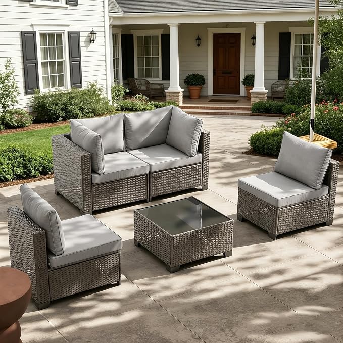 MOCHITO 5 Pcs Outdoor Patio Furniture Sets Brown Rattan Grey Cushions | All-Weather Sectional Sofa, with Glass Table, PE Rattan Wicker Patio Furniture , Washable Cushions, for Balcony Porch Garden