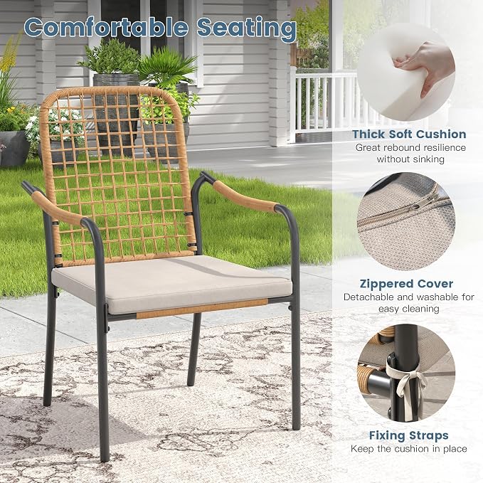 DIFY 11 Pieces Outdoor Dining Set, Metal Patio Table and Chairs Set for 10, 59.8" Round Dining Table with Umbrella Hole & Wicker Stackable Patio Chairs with Cushions, Walnut Tabletop
