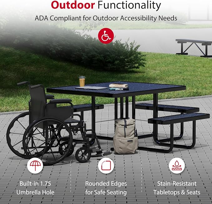 Leisure Craft Metal Picnic Table with Bench - 46" Square Outdoor Dining Table with Umbrella Hole, Heavy Duty Thermoplastic Coating, ADA Compliant, Commercial Grade Furniture Made in USA - Black