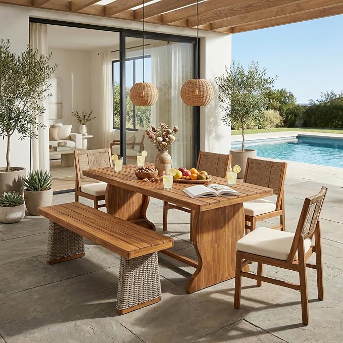 Christopher Knight Home 6-Piece Outdoor Dining Set, 70" Acacia Wood Patio Table with 4 Light Brown Wicker Chairs with Cream Cushions and 1 Bench, Teak Finish Outdoor Furniture Set for Garden Porch