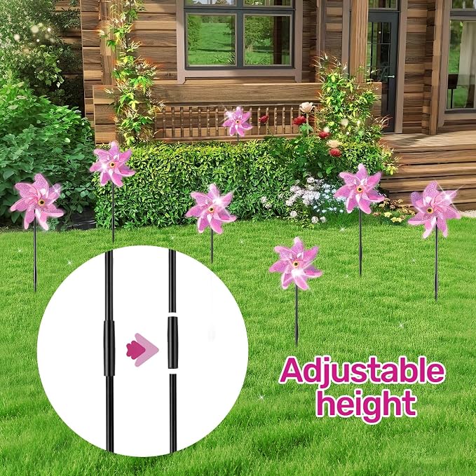 BATTIFE Preassembled Reflective Pinwheels for Yard & Garden, Pink, 10 Pack | Sparkly Reflective Material Spinner, Spins Best in Steady Wind, Animal-Deterrent Results Vary by Placement and Conditions