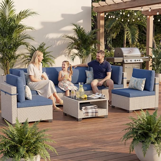 Patio Furniture Set, 7-Piece Outdoor Sectional Sofa with 2-Layer Glass Coffee Table, Wicker Patio Conversation Set with Blue Cushions for Backyard, Poolside, Porch