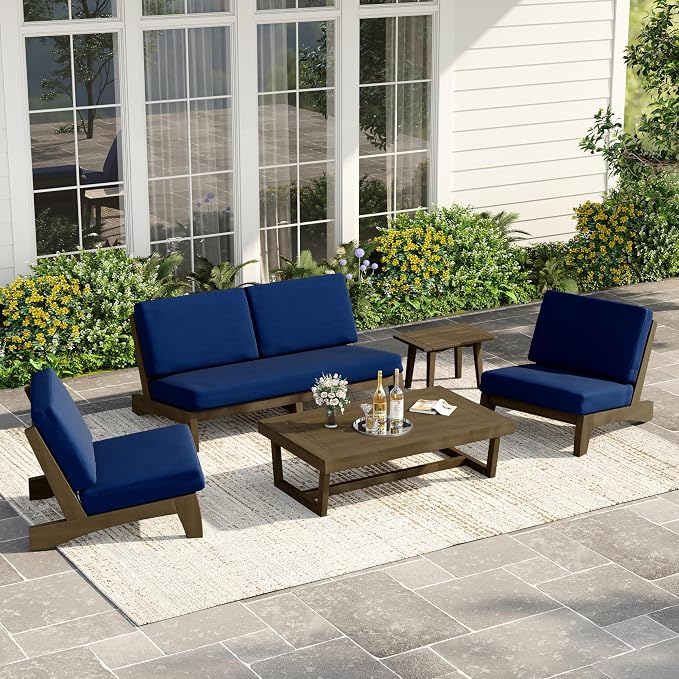 4 Piece Wood Outdoor Patio Frutnire Set, 5 Seater Patio Conversation Sets with Thick Cushions, Outdoor Sectional Furniture with Coffee Table - Navy Blue
