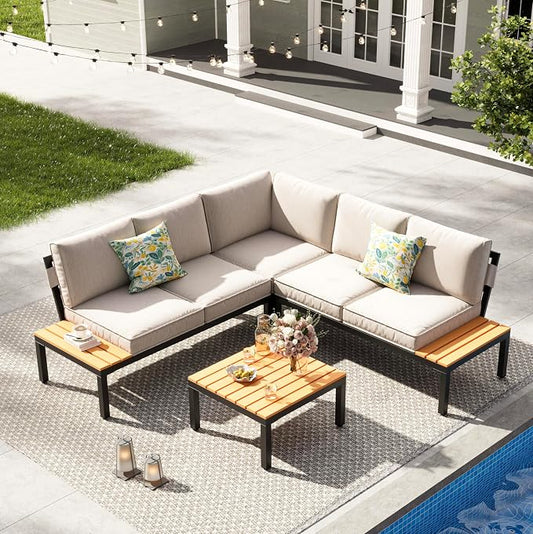 JOYURE 4-Piece Patio Furniture Set,Metal Outdoor Sectional Sofa with 3 Fauxwood Tables &Adjustable Reclining Chair,Patio Modular L Shape Sofa with Thickened Cushions for Backyard,Deck,Balcony,Beige