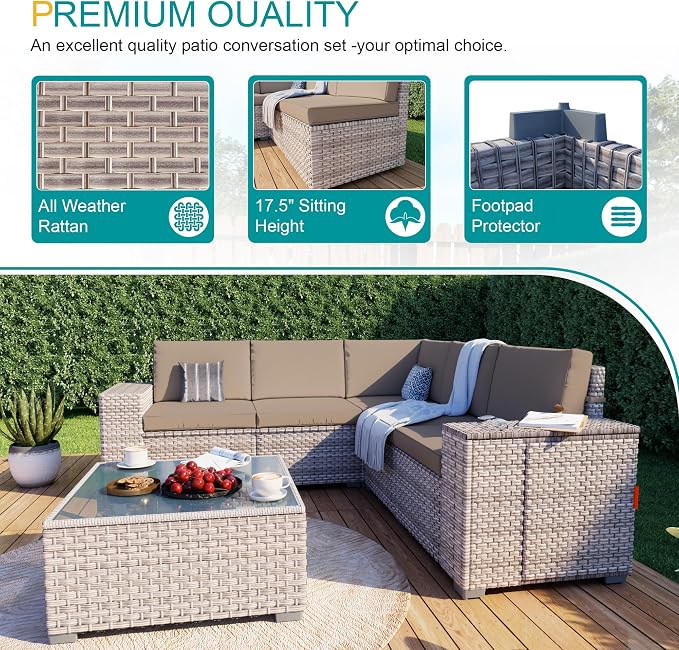 13-Piece Patio Furniture Set, Outdoor Extra Wide Armrest Modular Patio Sofa with Fire Pit Table, Dual-Strand Rattan Wicker High Back Large Seat Furniture for Backyard Porch Garden Balcony, Khaki