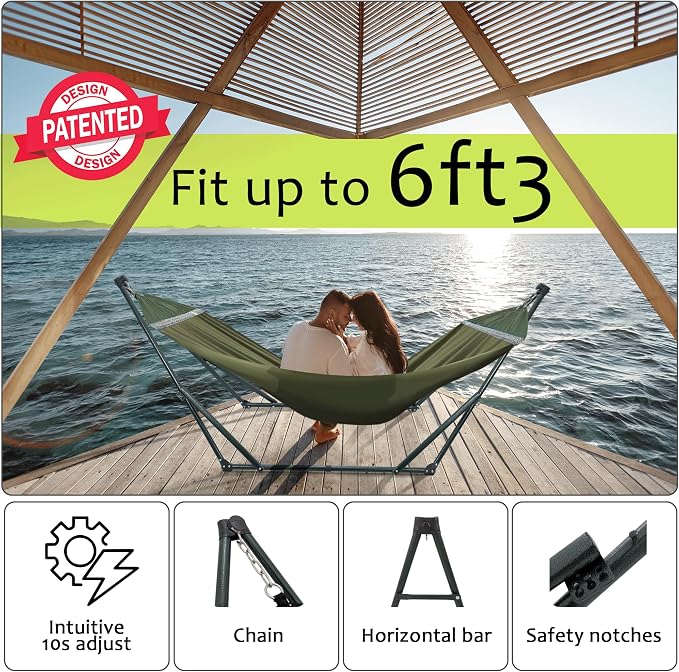 Tranquillo Sturdy Steel Hammock with Stand Premium Cotton Canvas Hammock, 600 lbs Capacity Hammock Stand Folding, Portable 30-Second Fold Unfold Hammock for Camping, Sage