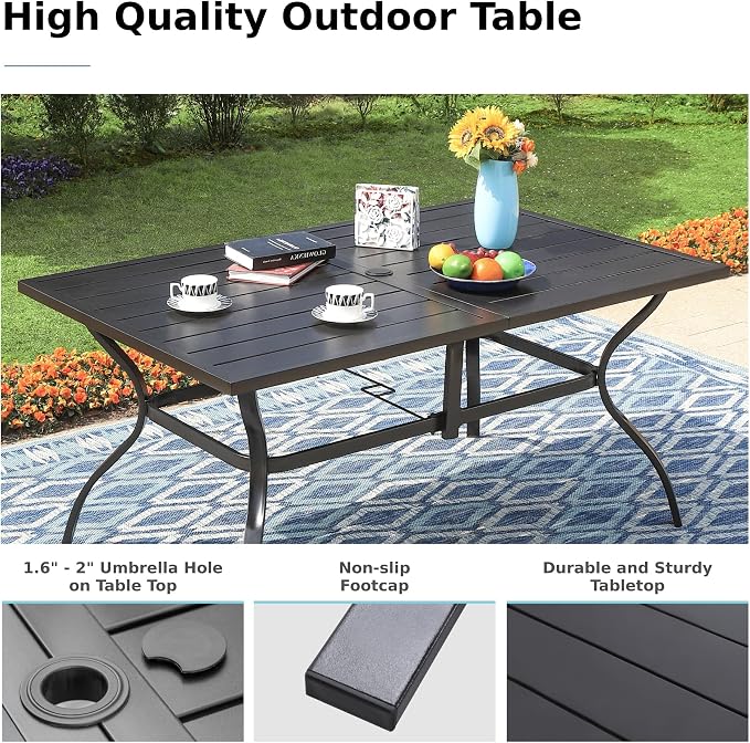 MFSTUDIO Patio Dining Set, 60" Metal Table, Fixed Chairs, Umbrella Hole | Seats 6, All-Weather Use