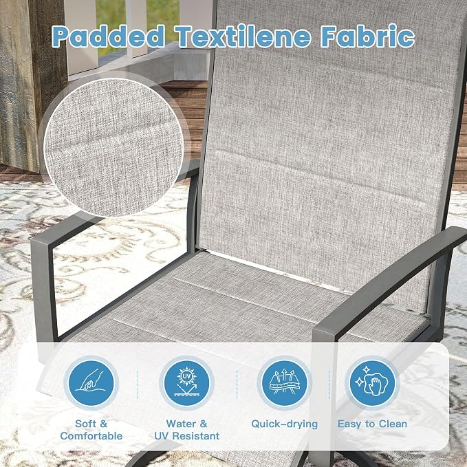 DIFY 3 Piece Outdoor Dining Set for 2, Patio Furniture Set with Padded Textilene Swivel Patio Chairs and 27.6" Small Square Metal Dining Table, Grey Fabric & Grey Wood-Like Tabletop