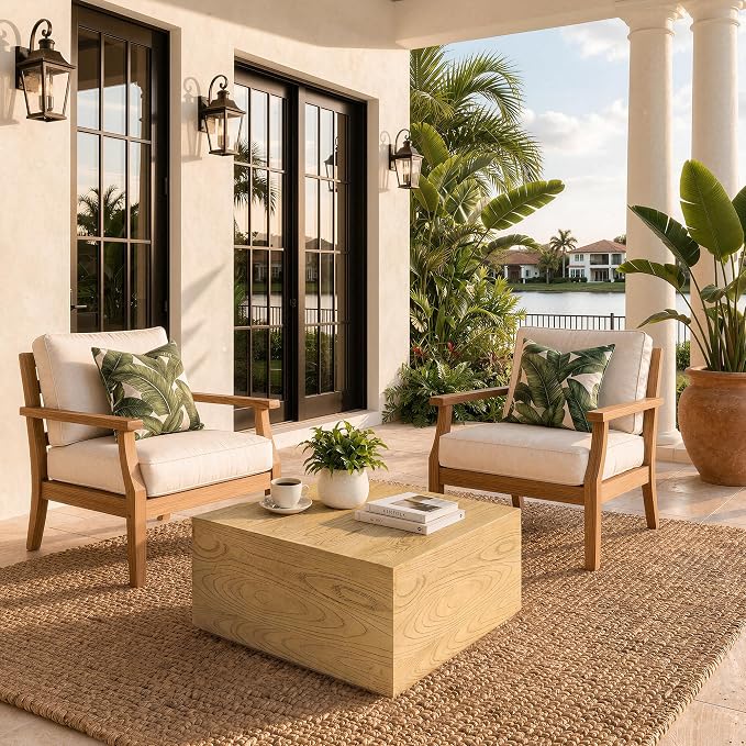 UPHA 28" Square Outdoor Coffee Table, Modern Hollow Concrete Patio Table, Small Minimalist Low Accent Table for Living Room, Balcony, Deck, Backyard, Natural Wood Finish