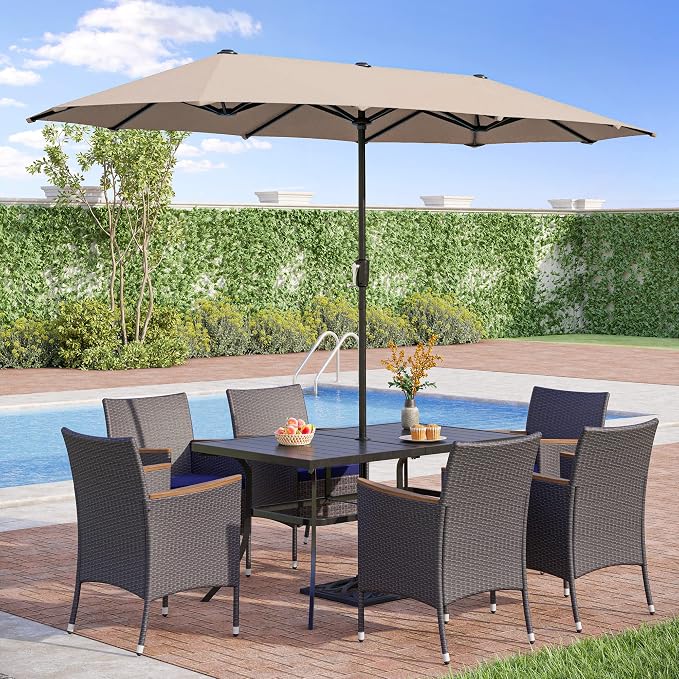 PHI VILLA 7 Piece Patio Dining Set, 60” Rectangular Table, Rattan Chairs | Outdoor Dining Set for 6, Metal Dining Table with Umbrella Hole, Wicker Chairs with Cushions for Patio, Deck, Yard, Porch