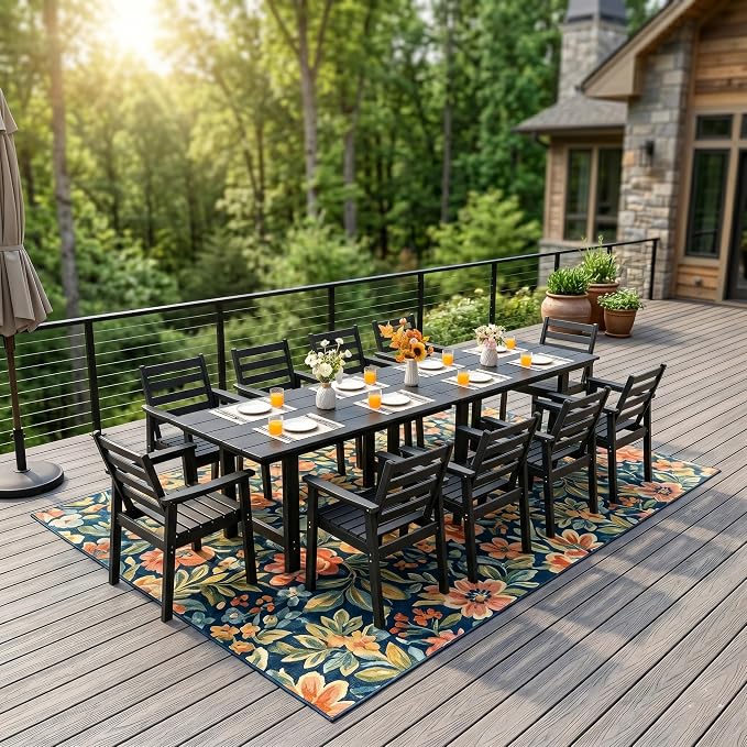 12-Piece Outdoor Dining Set, All-Weather HDPE Patio Furniture, Two 66.5" Slatted Table with 1.6" Umbrella Hole & 10 Ergonomic Armchairs, Heavy Duty 350lbs Capacity, UV Resistant, Black