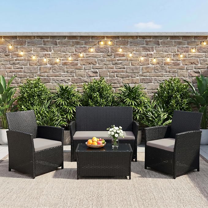 FHFO 4 Piece Outdoor Wicker Patio Furniture Set, Black/Light Grey | Sectional Sofa | All-Weather Hand-Woven Rattan | Tempered Glass Coffee Table | Durable Fabric | Indoor & Outdoor Use
