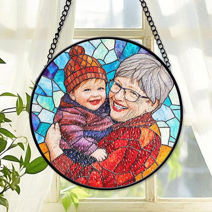 LOVELYPOD Custom Grandma and Grandkids Faux Stained Glass Sun Catcher, Personalized Family Portrait Window Hanging, Gifts for Grandma, Mom Photo Gifts, Custom