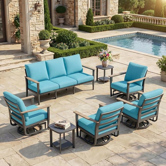 Aluminum Outdoor Patio Furniture Set, 7-Piece Sectional Sofa with 5.1" Thick Cushions, 4 Swivel Rocking Chairs and 2 Side Tables, Outdoor Couch for Backyard, Deck, Blue