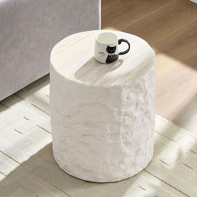 Round Side Table Faux Stone End Table for Living Room Modern Small Coffee Table for Small Space Apartment, No Assembly (Fiberglass-Travertine, 15.75'' x 17.72'')