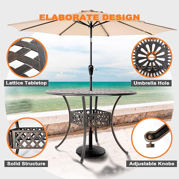 NUU GARDEN 5 Piece Outdoor Patio Dining Set with Beige Cushions, Cast Aluminum Round Dining Table with Umbrella Hole and Patio Dining Chairs for Garden, Balcony, Black with Bronze Edge