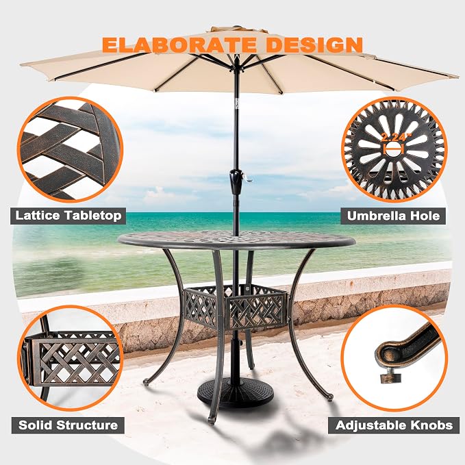 NUU GARDEN 5 Piece Patio Dining Set, Cast Aluminum Outdoor Dining Sets with Red Cushions, Round Patio Dining Table with Umbrella Hole for Garden, Backyard, Balcony, Black with Bronze Edge