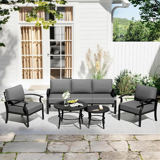 Aluminum Patio Furniture Set with 2 Round Coffee Tables, 5 Seats Outdoor Patio Conversation Sets w/5.1" Cushions,Patio Conversation Sets for Garden, Backyard, Porch-Grey