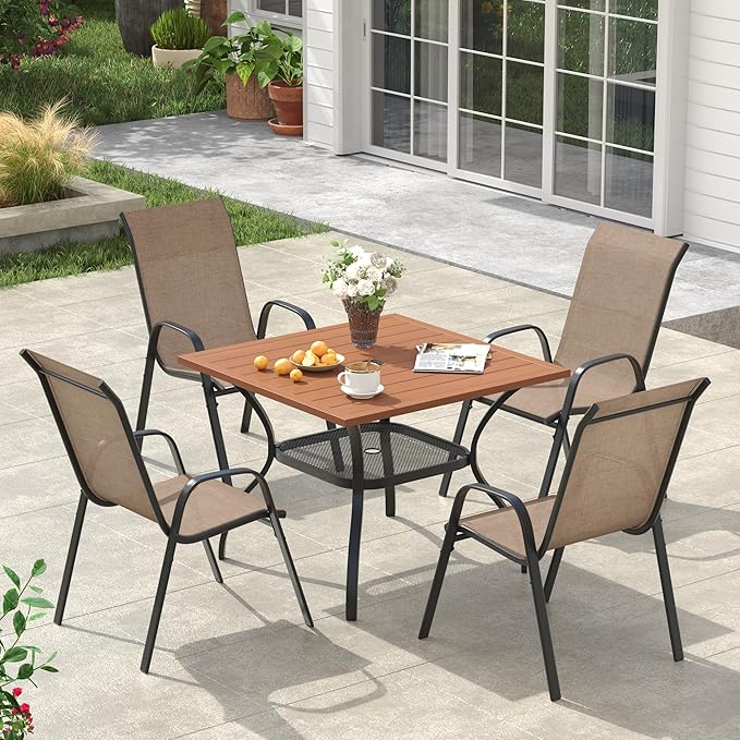 VICLLAX Square Patio Dining Set for 4, Metal Slatted Patio Table with Umbrella Hole and Stackable Patio Chairs for Deck Lawn Garden, Brown Fabric and Walnut Tabletop