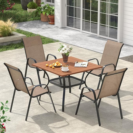 VICLLAX Square Patio Dining Set for 4, Metal Slatted Patio Table with Umbrella Hole and Stackable Patio Chairs for Deck Lawn Garden, Brown Fabric and Walnut Tabletop