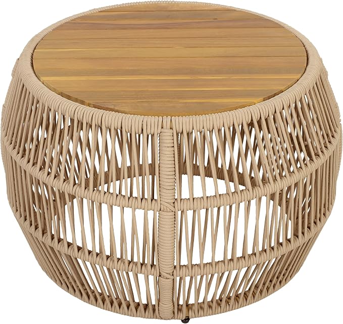 Round Acacia Wood Side Table with Light Beige Rope Frame, Teak Finish Top, 150 lbs Capacity, No Assembly Required, Weather-Resistant Accent Table for Patio Backyard Living Room