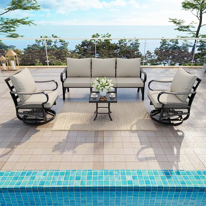 4 Pieces Outdoor Furniture Set, Patio Conversation Set with Swivel Rocking Chairs Sets and 3-Seater Couch Sofa for Deck, Porch, Garden, Backyard, Poolside (Beige Cushions)