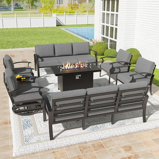 Kullavik Aluminum Patio Furniture Set,8 Piece Modern Metal Outdoor Patio Furniture w/5.1'' Thick Cushion,Swivel Chairs and 45" Propane Fire Pit Table,Patio Conversation Sets for Porch,Deck,Grey