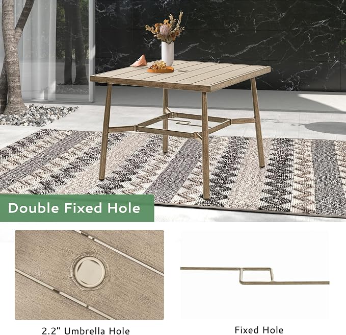 5-Piece Outdoor Dining Set for 4, Aluminum Patio Dining Set with Cushions, 2 Dining Chairs and 2 Swivel Chairs with Rope Backrest, Square Table with Umbrella Hole for Lawn Porch Backyard,Brown