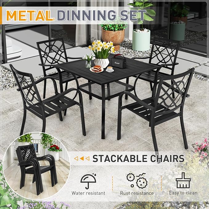 SUNCROWN 6-Piece Outdoor Wrought Iron Chairs and Table Patio Dining Furniture Set - 4 Stackable Metal Chairs, 1 Steel Slat Bistro Table and 1 Dark Blue 9Ft Patio Umbrella for Garden Backyard Deck