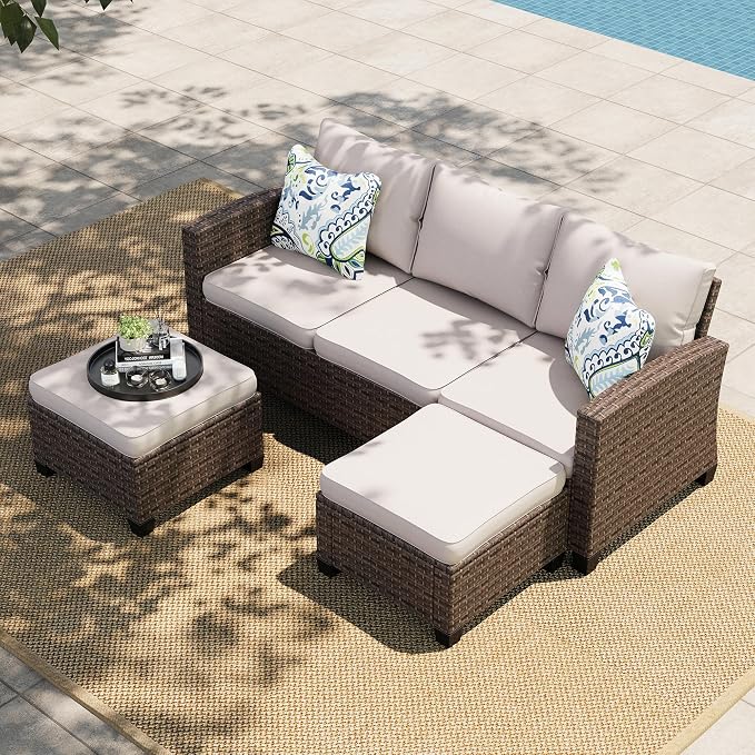 HERA'S HOUSE Small Patio Furniture Set, 3 Pieces Wicker Outdoor Sectional Set, L-Shaped Patio Couch Set, Modular Rattan Conversation Set with Lounge Sofa and Ottomans for Deck Lawn Garden, Beige