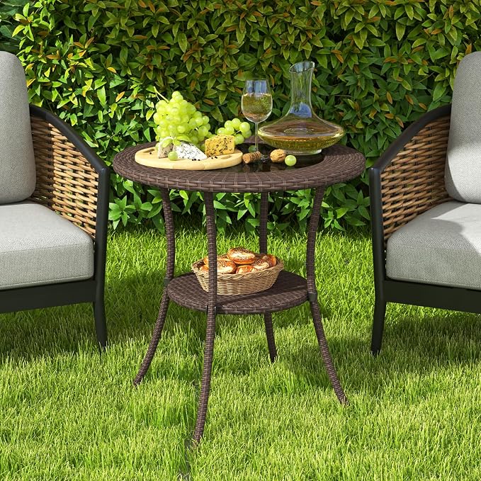 25.5" Round Patio Bistro Table w/Storage Shelf, PE Wicker Coffee Table w/Tempered Glass Top and Metal Legs, Outdoor Side Table for Garden, Balcony, Porch, Backyard