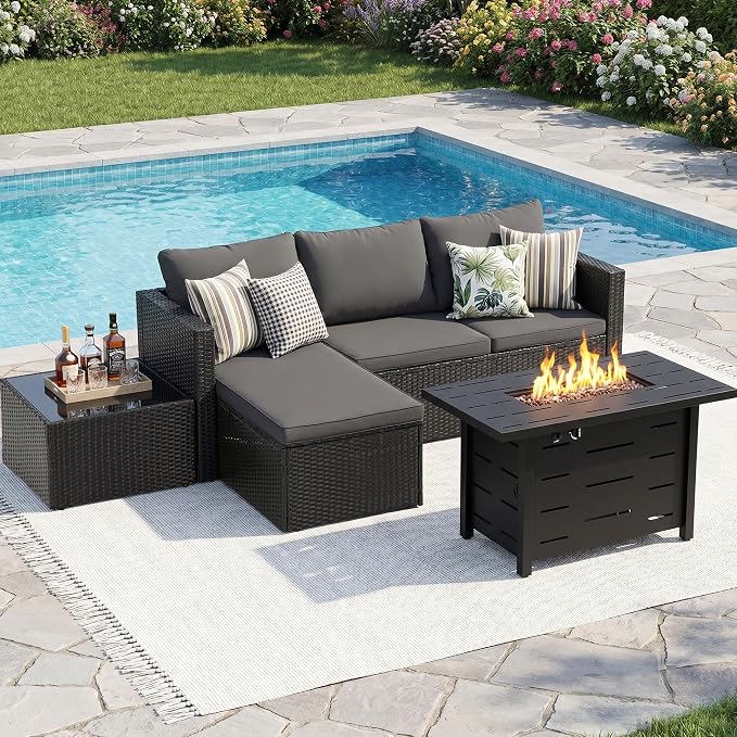 SUNLEI 4-Piece Patio Furniture Set with 43" Propane Fire Pit Table, Outdoor Wicker Sectional Sofa Set, All-Weather Conversation Set for Backyard, Poolside, Garden, Blue Cushions