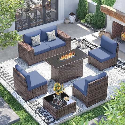 UDPATIO Patio Furniture Set with Fire Pit Table, 8 Inch Armrest 7 Piece Outdoor Sectional Sofas, All-Weather Wicker Conversation for Garden, Backyard, Brown/Navy Blue