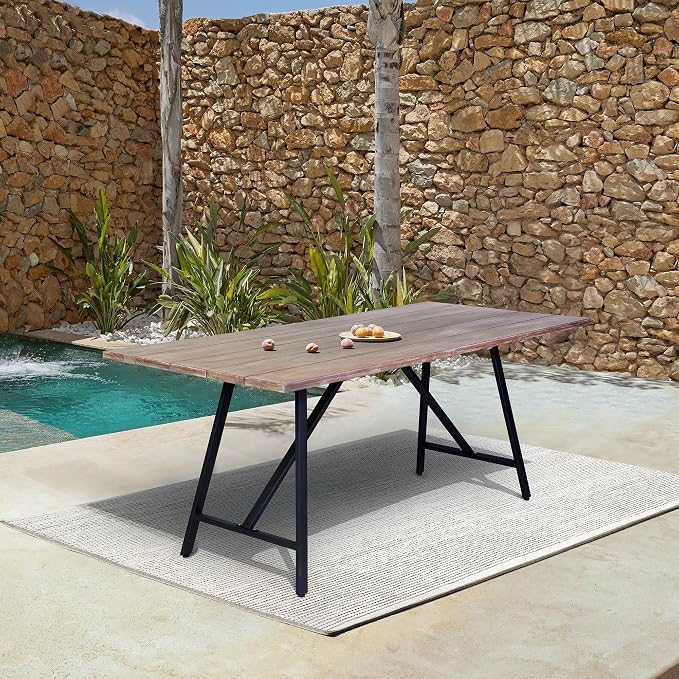 Armen Living Koala Outdoor Patio Light Eucalyptus Wood and Metal Rectangle Dining Table