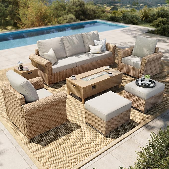 HERA'S HOUSE Patio Furniture Set, 4 x Cushioned Chairs, 3-Seat Sofa with Wood Grain Coffee Table, 5 Seats Luxury Windsor Style All Weahter Outdoor Sofa Conversation Set for Deck Lawn Backyard