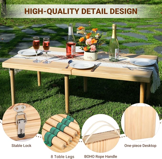 Boho Wooden Low Picnic Table, Portable Foldable Beach Picnic Table for 6 People to Beach, BBQ, Camping, Party, Garden, Outdoor, Indoor (47" x 23")