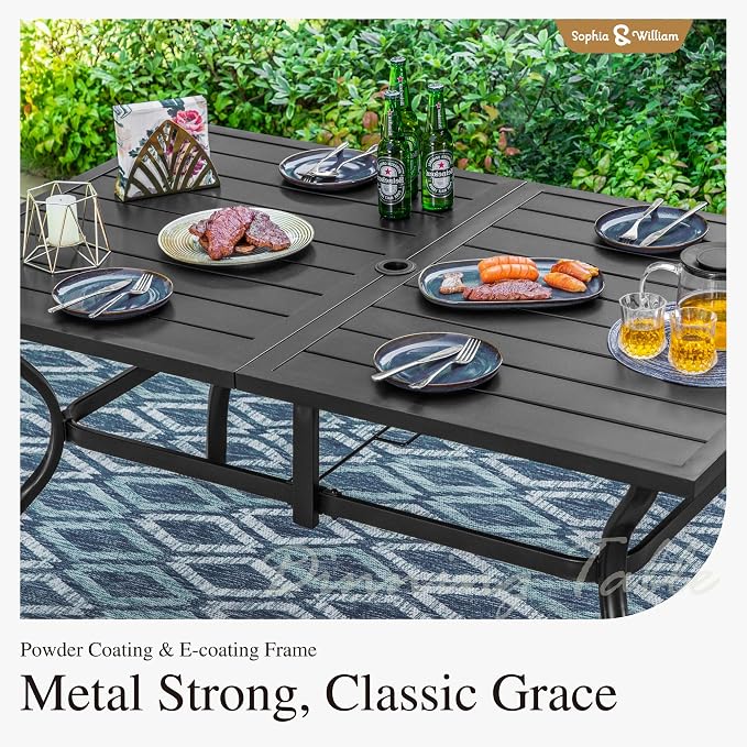 Sophia & William Patio Dining Set, Steel, Black | Umbrella Hole, E-Coated, Cushions Included, For Patio, Garden and Yard