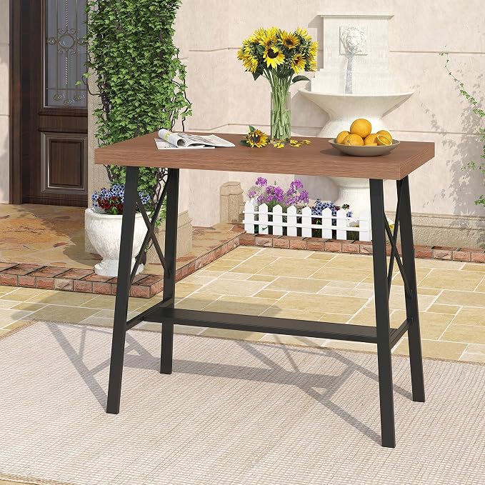 DIFY 40.5” Outdoor Bar Table, Patio Bar Height Pub Table, Long Narrow Bar Table with Sturdy Metal Frame for Bistro, Balcony and Garden, Walnut
