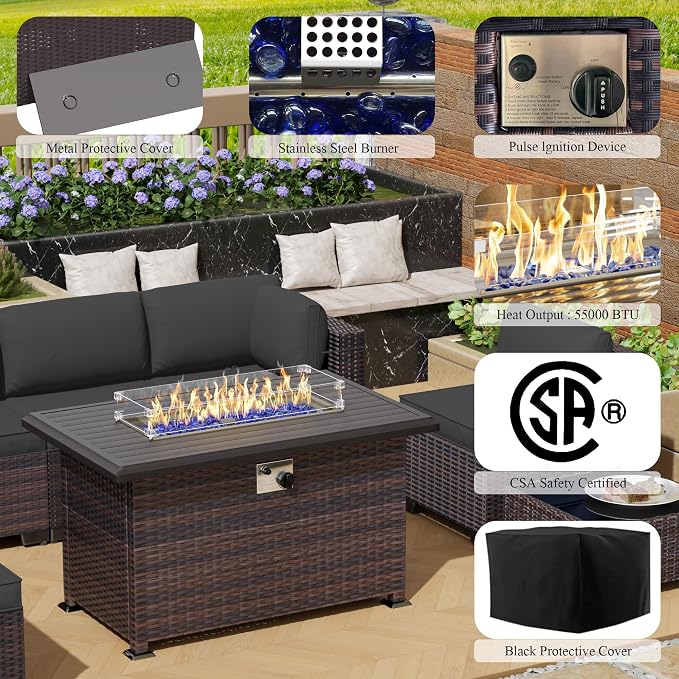15 Pieces Outdoor Patio Furniture Set,Outdoor Sectional Furniture with 43" 55000 BTU Gas Propane Fire Pit Table,All Weather PE Rattan Wicker Patio Conversation Set,Grey