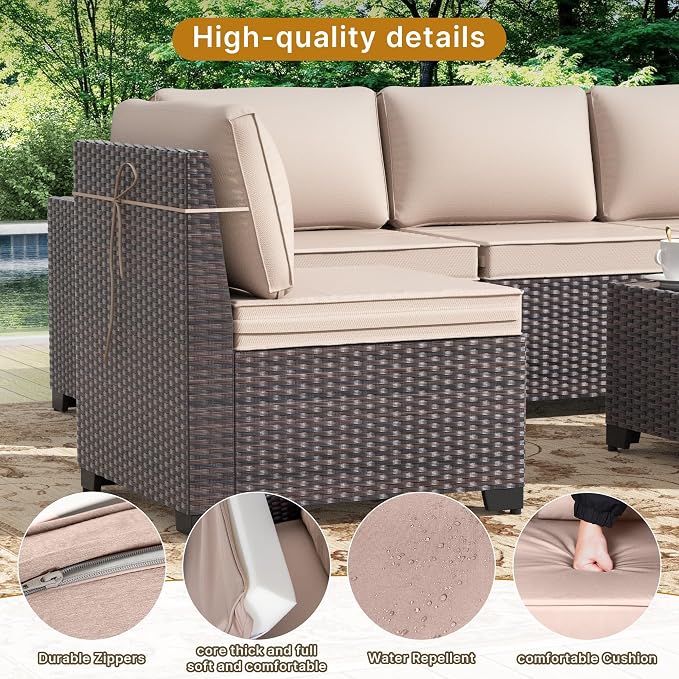 Gotland 12 Pieces Patio Furniture Set, Wicker Outdoor Sectional with Wide Armrests 29.5'' High Backrest 4'' Thick Waterproof Cushions, Oversized Patio Furniture for Deck Garden Khaki