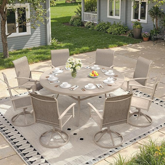 9 Pieces Round Patio Dining Set, Outdoor Furniture of 60" Round Patio Table and Patio Swivel Chairs for Backyard Lawn Garden, Sandshell Table and Sandshell Chairs