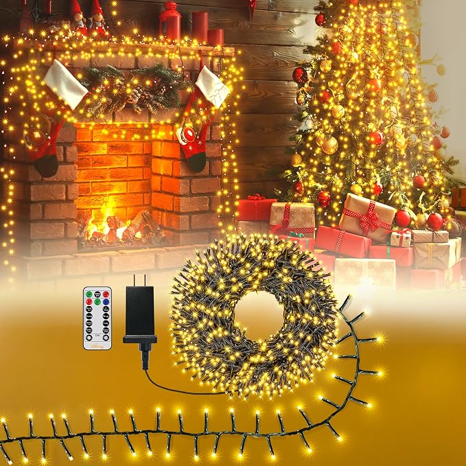 Ollny Cluster Lights Christmas 400LED 20FT, Warm White Christmas Tree Lights 8 Modes Timer Remote, Waterproof Connectable String Lights for Outdoor Indoor Outside Garland Xmas Decorations