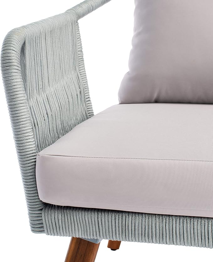 SAFAVIEH Outdoor - Raldin Grey Rope 4-Piece Patio Set, Eucalyptus Wood Conversation Set with Cushions, Outdoor Sofa, Chairs & Coffee Table (PAT7049C)