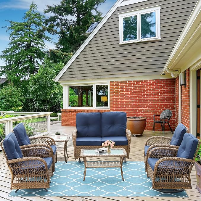 7-Piece Wicker Patio Furniture Sets Outdoor All-Weather Rattan Conversation Set Includes Glider Loveseat, 2 Glass-Top Coffee Tables, 2 Swivel-Gliders Chairs for Porch Backyard, Navy Blue